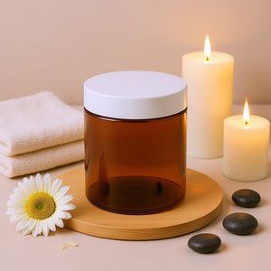 Premium braon (amber) kozmetička kutija 500 ml – PET teglica sa belim poklopcem, Bazika