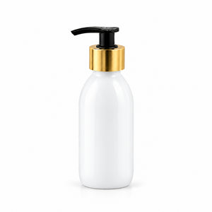 Bela PET boca za sirup sa crnom pumpicom dozatorom A 28/410, zlatni aluminijum prsten - 448565 | Bazika