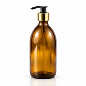 Braon staklena boca za sirup 500 ml, grlo 28 mm, sa crnom pumpicom dozatorom i zlatnim aluminijumskim prstenom - 441250, 448565 | Bazika