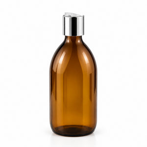 Braon staklena boca za sirup 500 ml, grlo 28 mm, sa srebrnim aluminijumskim disk top poklopcem - 441250, 448360 | Bazika
