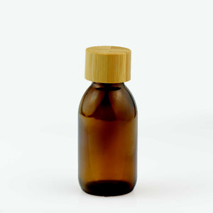 Braon staklena boca za sirup 100 ml, grlo 28 mm, sa bambus poklopcem - 441180, 448190 | Bazika