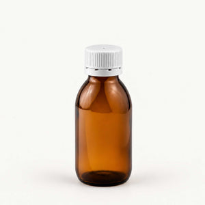 Braon staklena boca za sirup 100 ml, grlo 28 mm, sa belim plastičnim poklopcem - 441180, 448110 | Bazika
