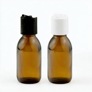 Dve braon staklene boce za sirup 100 ml sa crnim i belim disk top poklopcem, grlo 28 mm - 441180, 448310, 448300 | Bazika