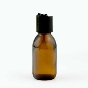 Braon staklena boca za sirup 100 ml, grlo 28 mm, sa otvorenim crnim disk top poklopcem - 441180, 448310 | Bazika