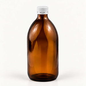 Braon staklena boca za sirup 500 ml, grlo 28 mm, sa belim plastičnim poklopcem - 441250, 448110 | Bazika