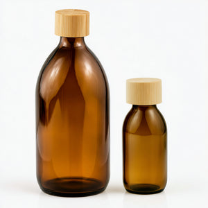 Braon staklene boce za sirup 100 ml i 500 ml, grlo 28 mm, sa bambus poklopcem - 441180, 441250, 448190 | Bazika