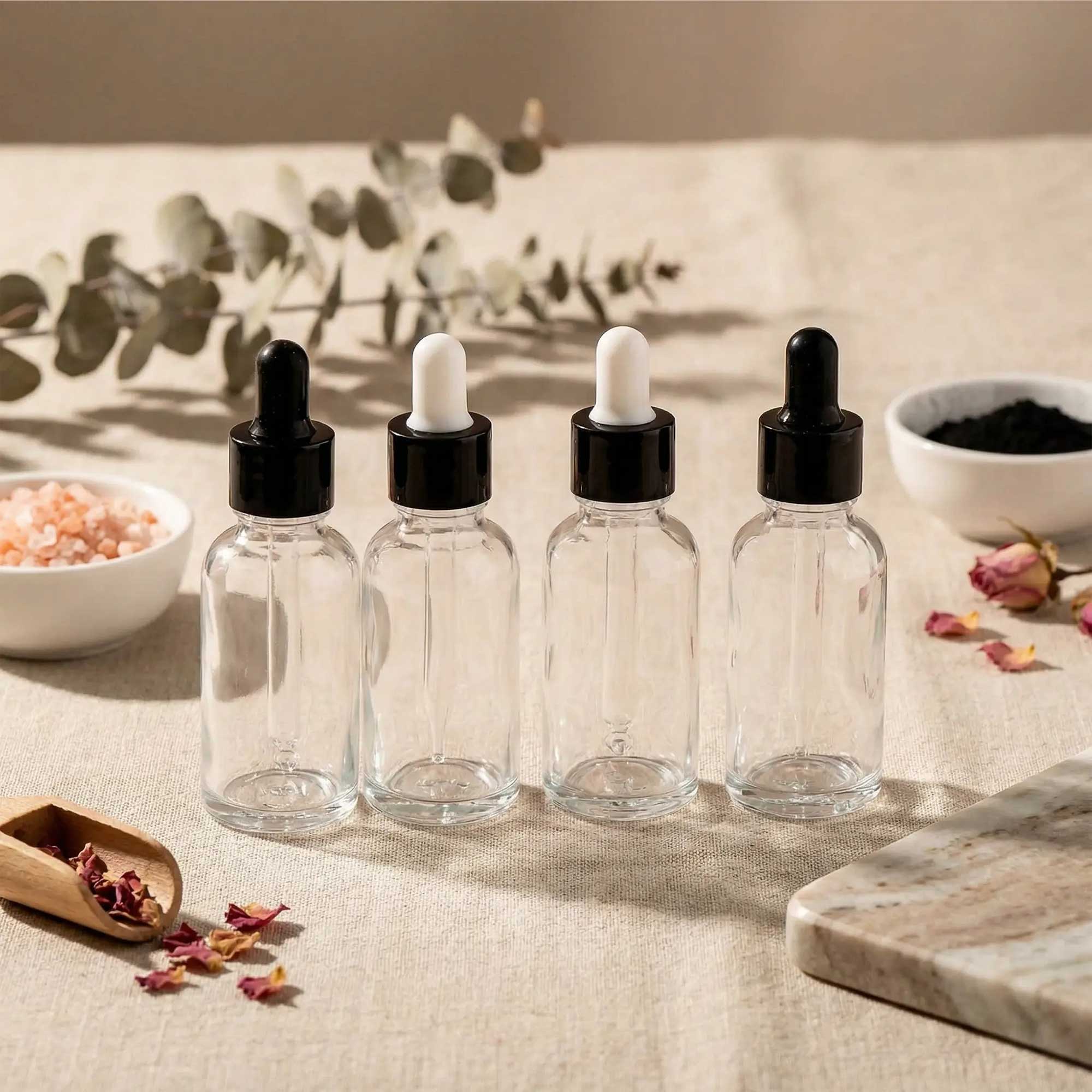 Staklena bočica 10-100ml, transparentna, sa crnom lux pipetom - 411100/800 - 423100/200/400/500
