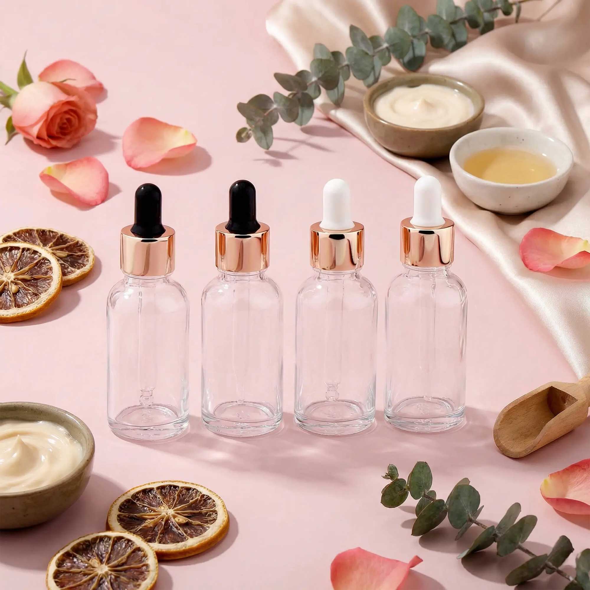 Staklena bočica 10-100ml, transparentna, sa roze lux pipetom - 411100/800 - 423100/200/400/500