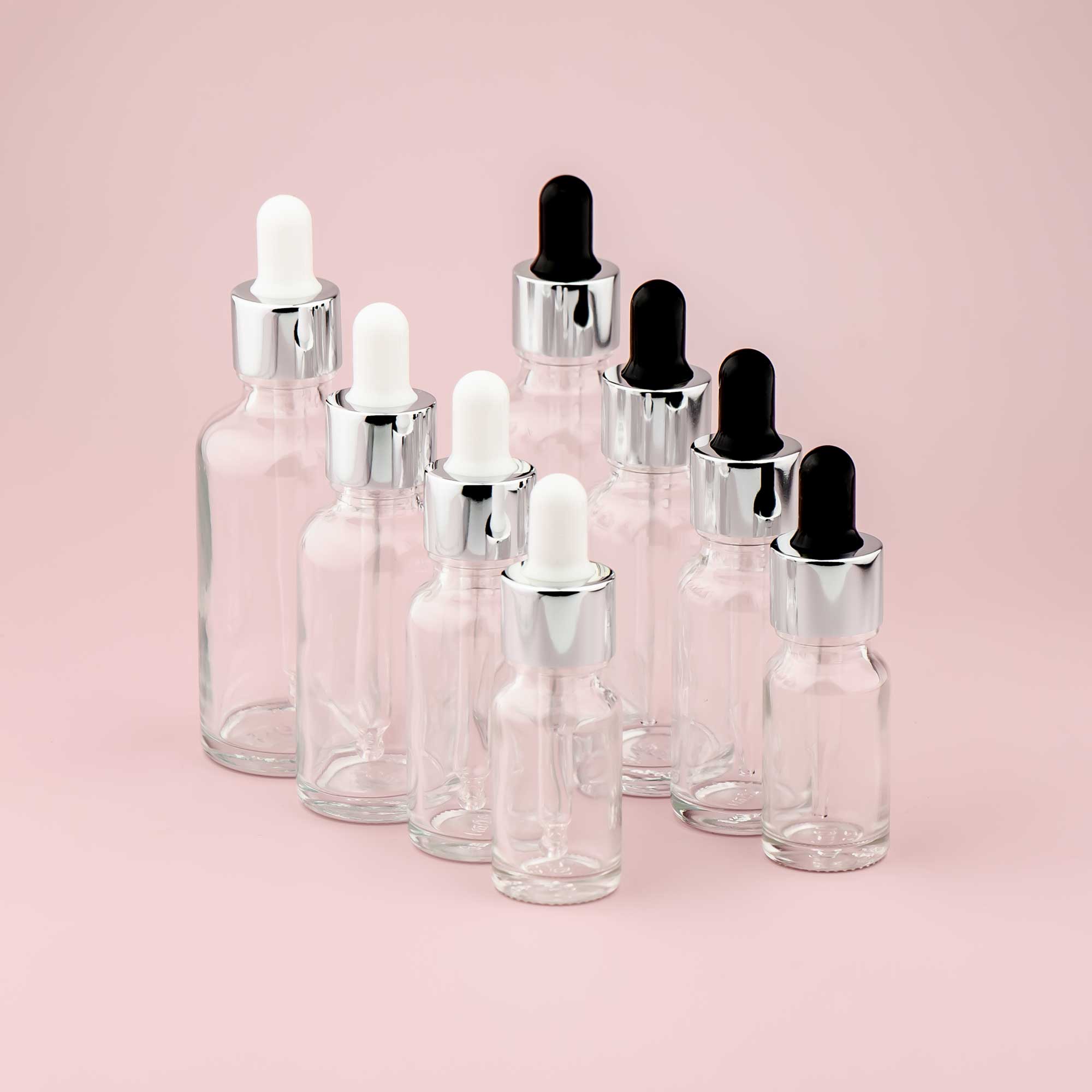 Staklena bočica 10-100ml, transparentna, sa srebrnom lux pipetom - 411100/800 - 423100/200/400/500