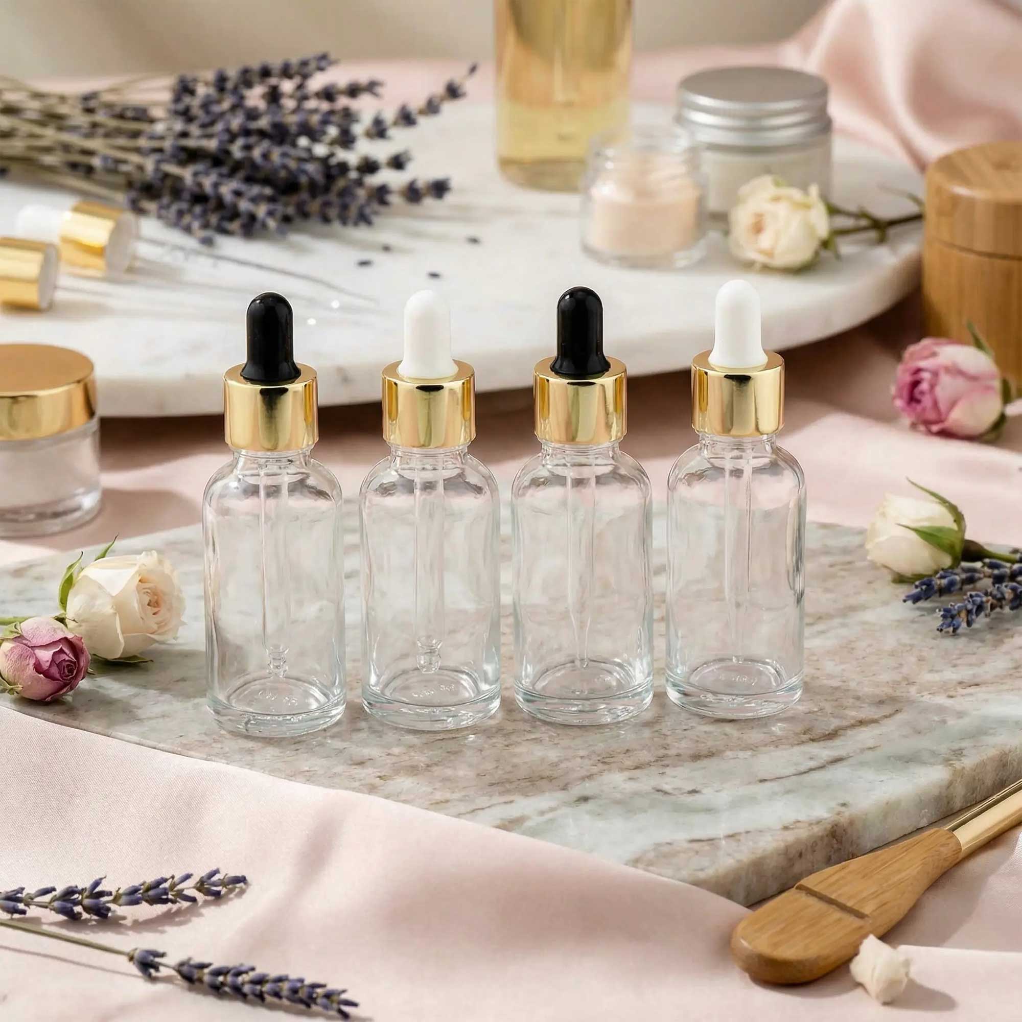 Staklena bočica 10-100ml, transparentna, sa zlatnom lux pipetom - 411100/800 - 423100/200/400/500