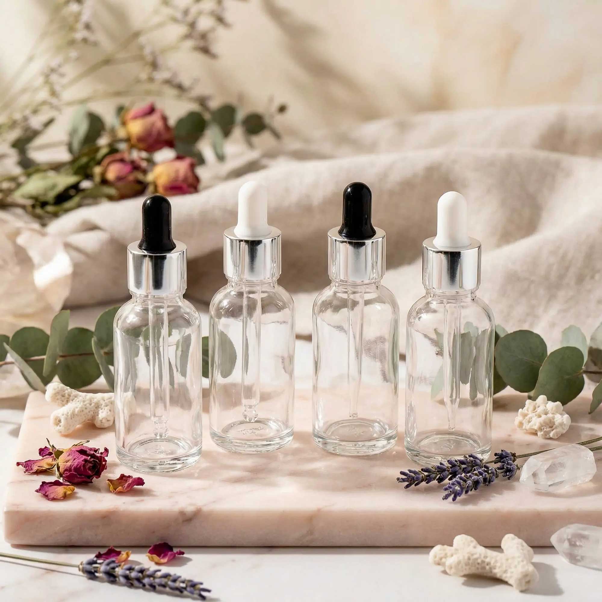Staklena bočica 10-100ml, transparentna, sa srebrnom lux pipetom - 411100/800 - 423100/200/400/500