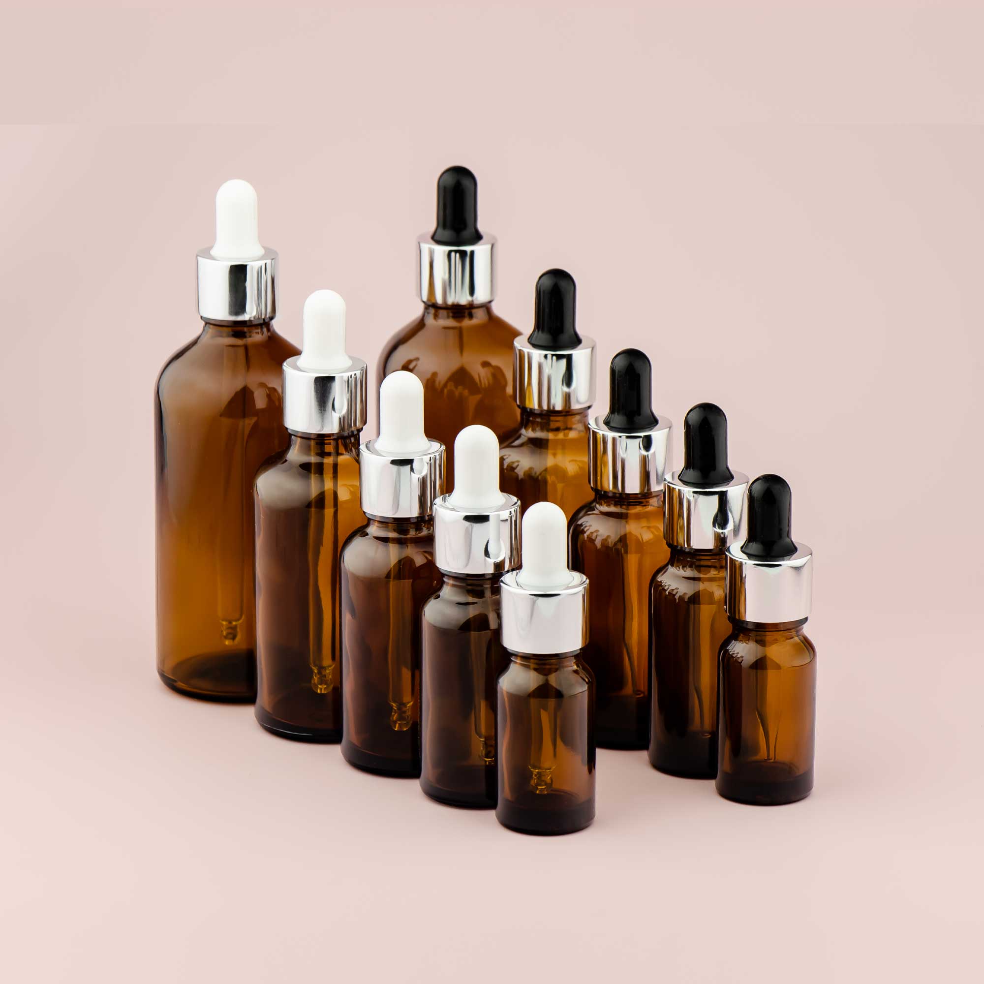 Staklena bočica 10-100ml, braon, sa srebrnom lux pipetom - 411110/810 - 423100/200/400/500