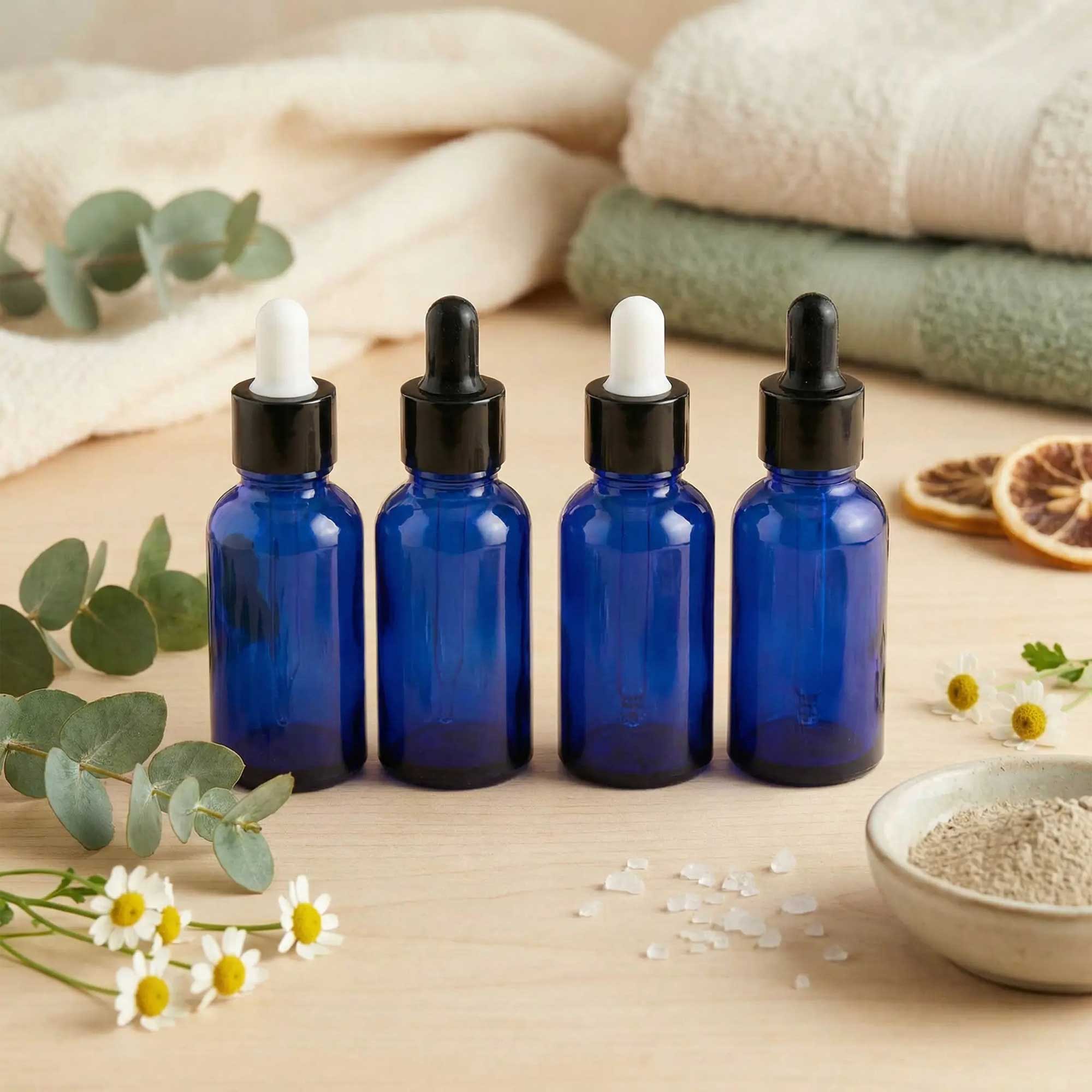 Staklena bočica 10-100ml, plava, sa crnom lux pipetom - 411120/820 - 423100/200/400/500