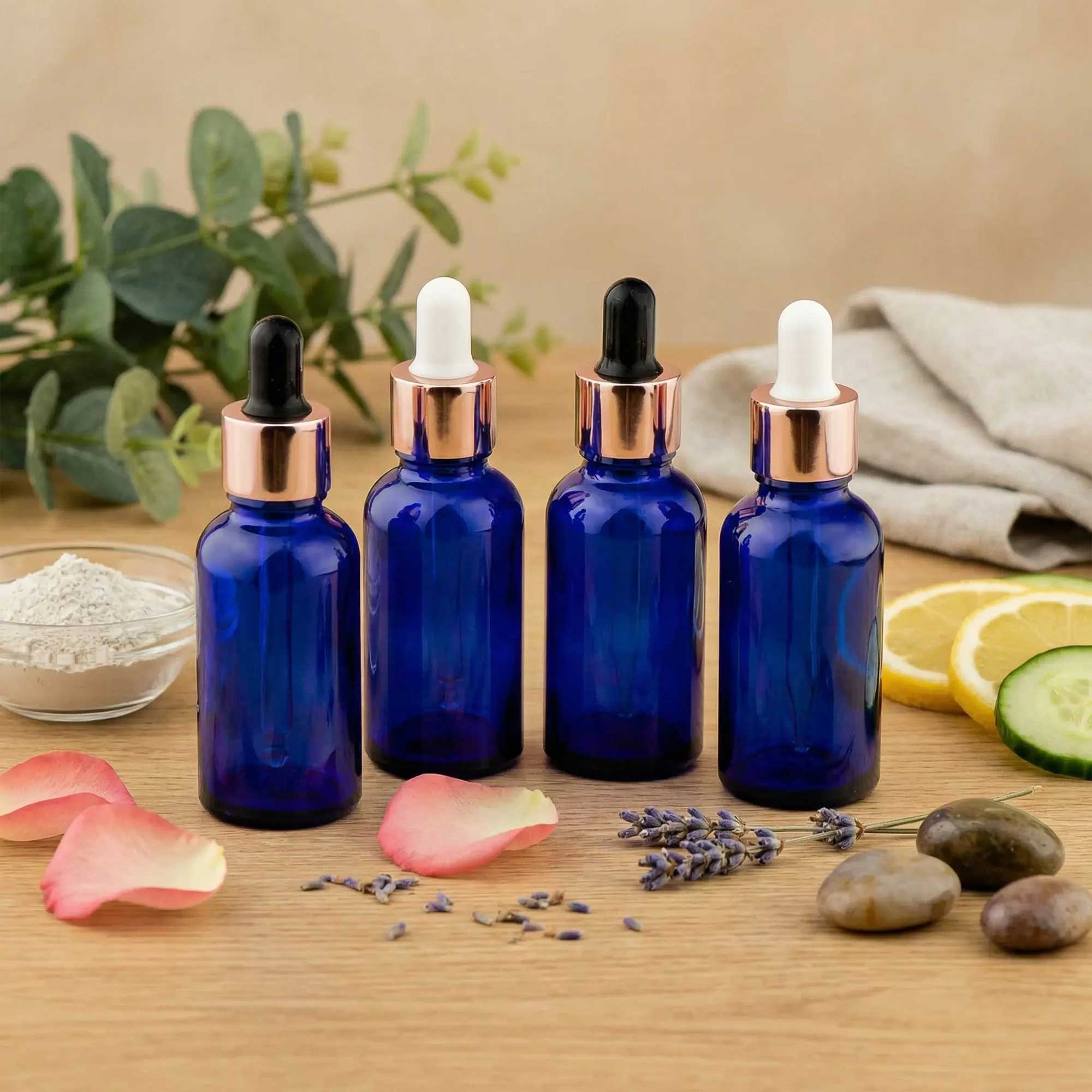 Staklena bočica 10-100ml, plava, sa roze lux pipetom - 411120/820 - 423100/200/400/500