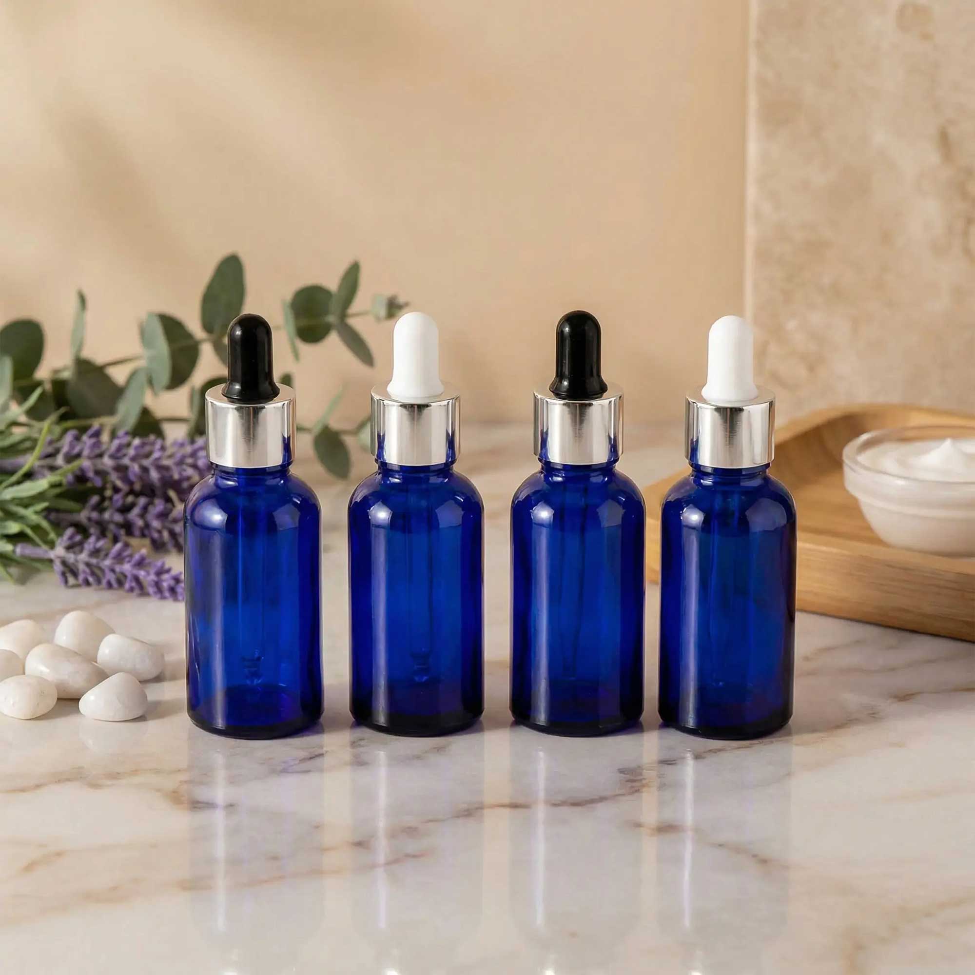 Staklena bočica 10-100ml, plava, sa srebrnom lux pipetom - 411120/820 - 423100/200/400/500