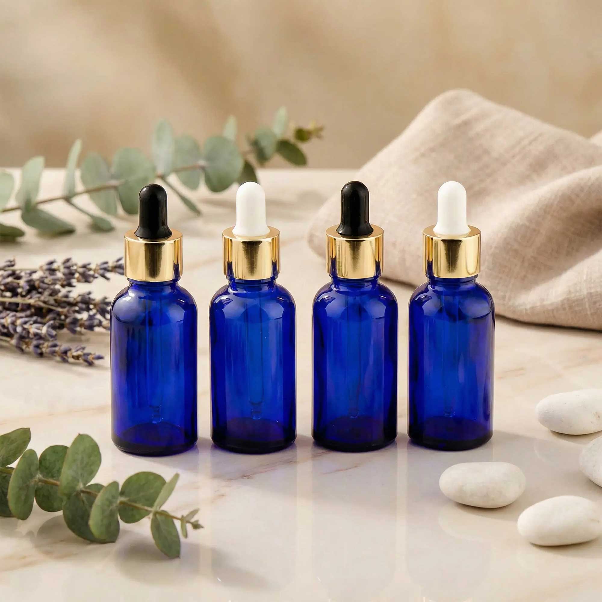 Staklena bočica 10-100ml, plava, sa zlatnom lux pipetom - 411120/820 - 423100/200/400/500