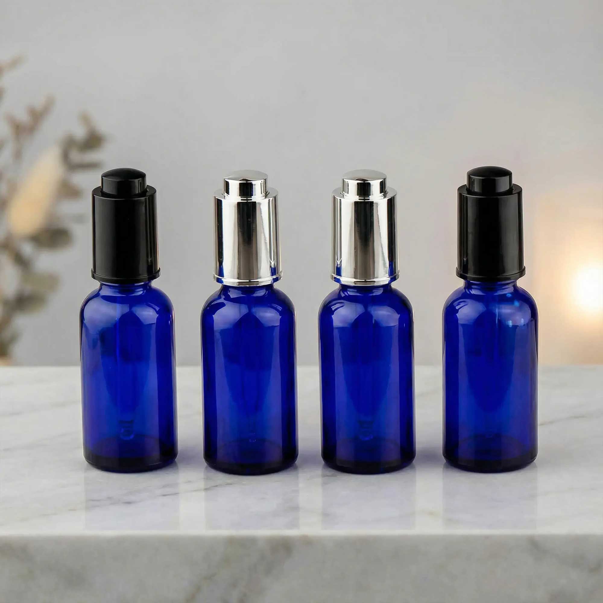 Staklena bočica 10-100ml, plava, sa pipetom na dugme - 411120/820 - 423700/720