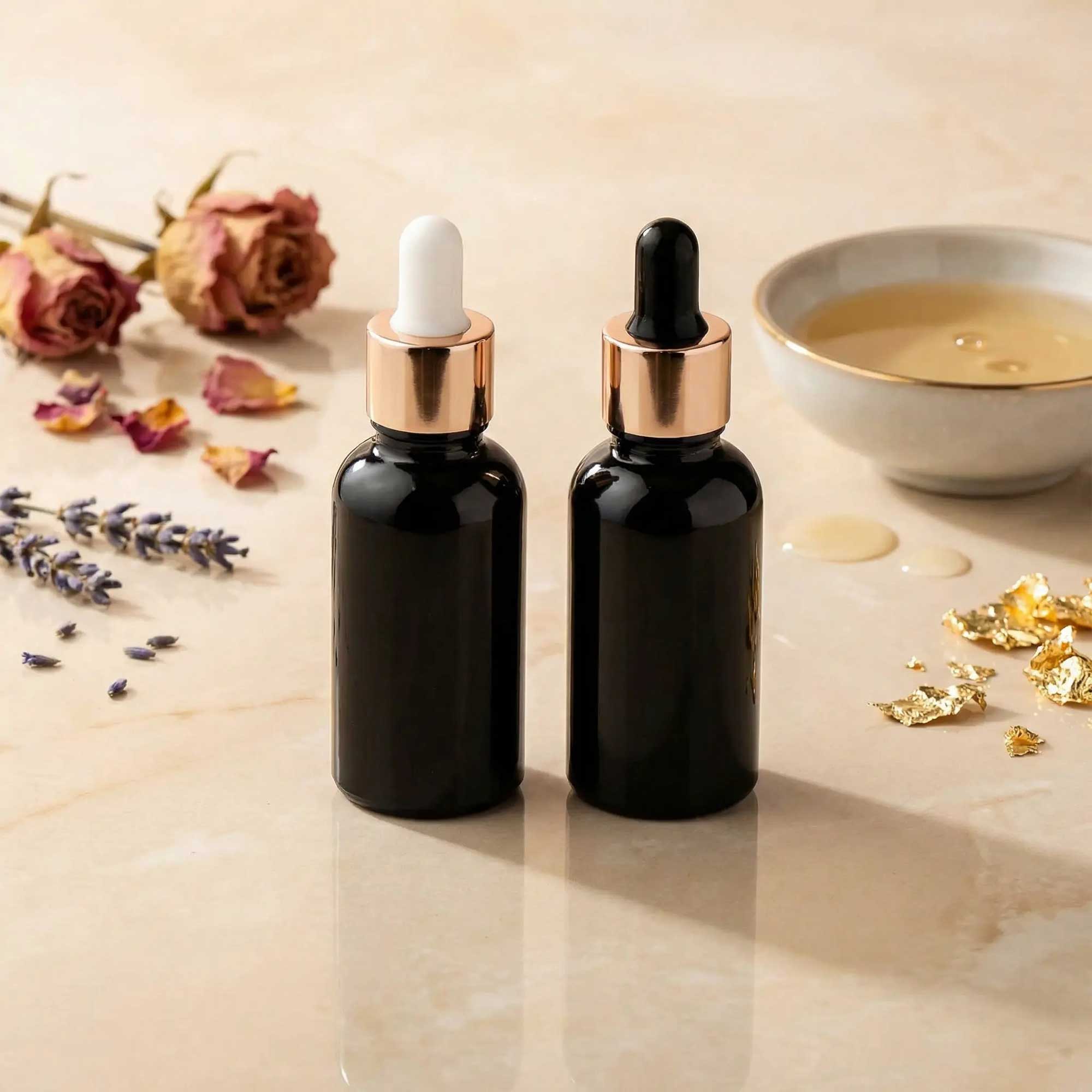Staklena bočica 10-100ml, crna, sa roze lux pipetom - 411130/830 - 423100/200/400/500