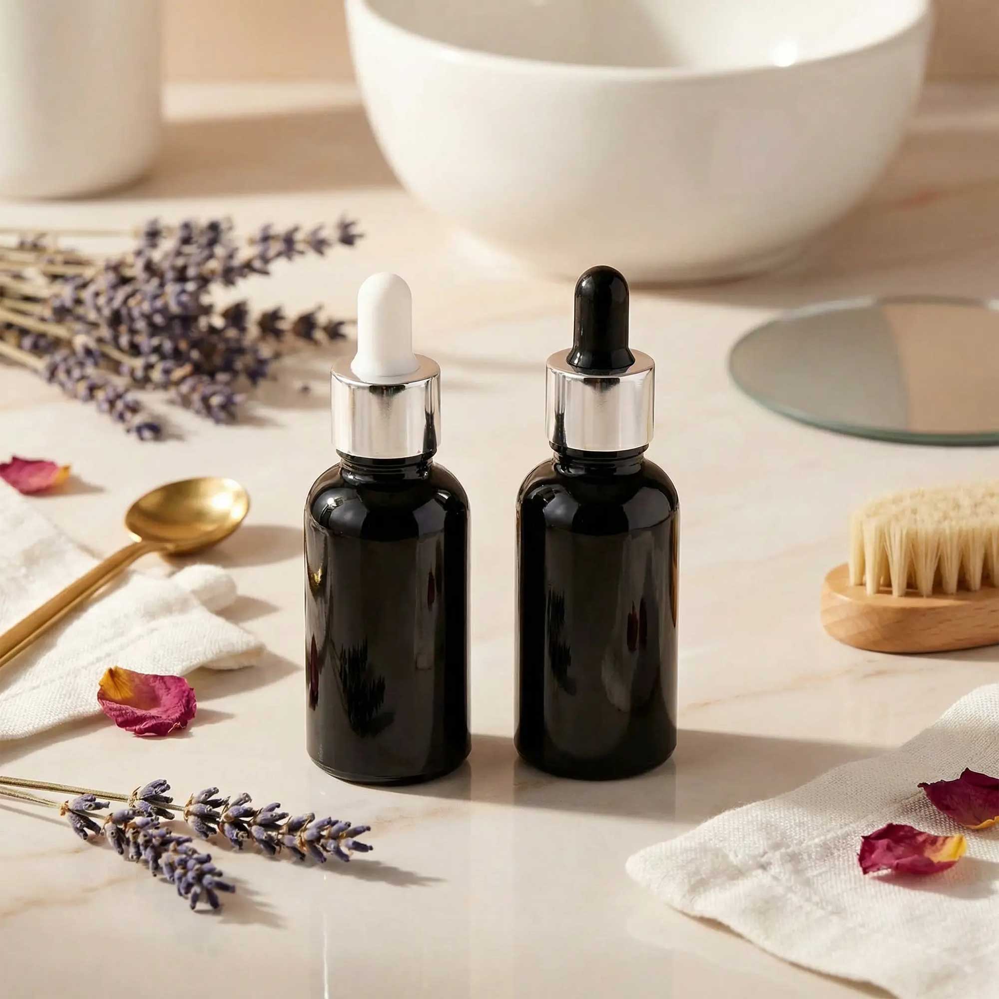 Staklena bočica 10-100ml, crna, sa srebrnom lux pipetom - 411130/830 - 423100/200/400/500