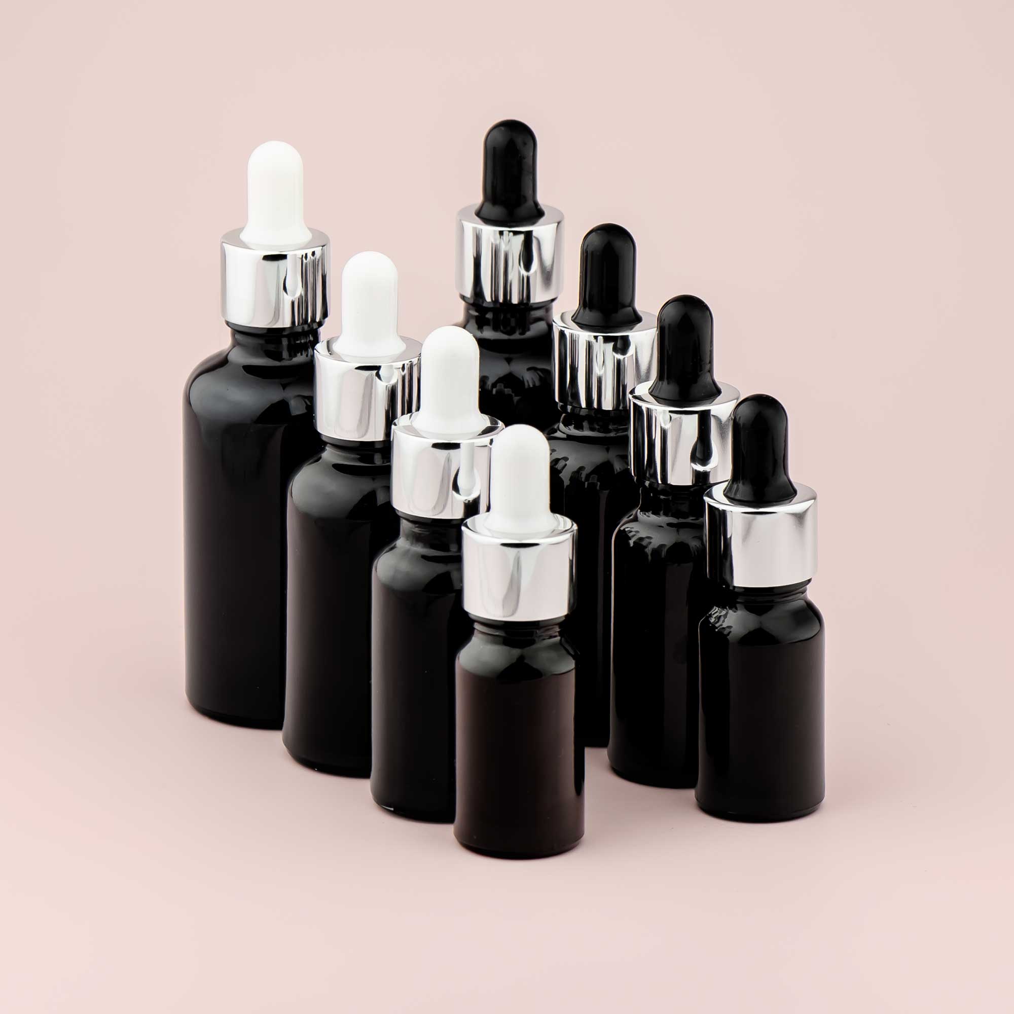 Staklena bočica 10-100ml, crna, sa srebrnom lux pipetom - 411130/830 - 423100/200/400/500