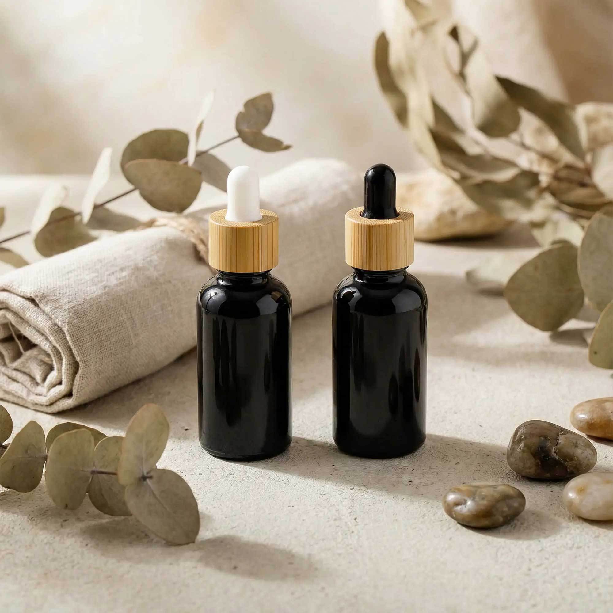 Staklena bočica 10-100ml, crna, sa bambus pipetom - 411130/830 - 423100/250/400