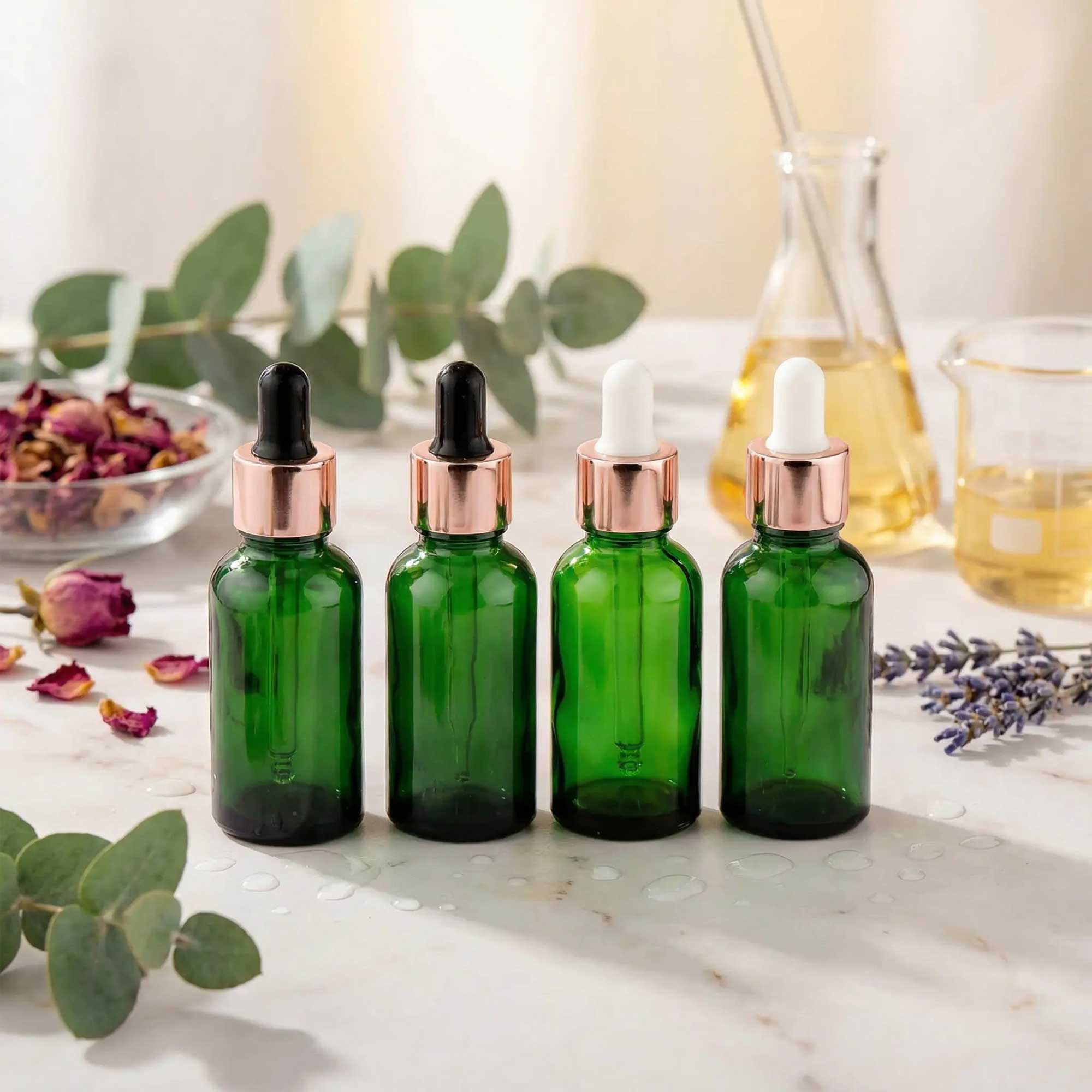 Staklena bočica 10-100ml, zelena, sa roze lux pipetom - 411140/840 - 423100/200/400/500