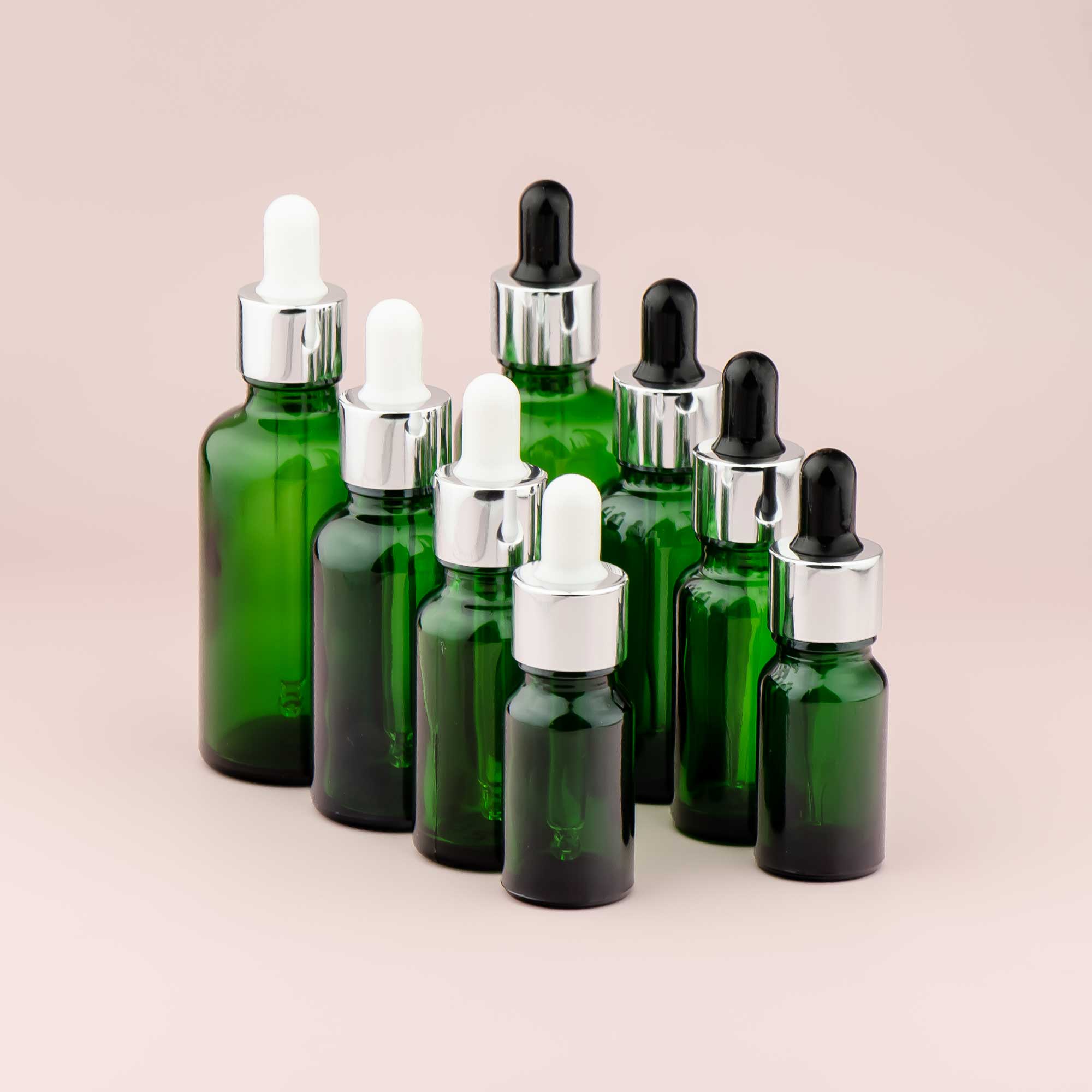 Staklena bočica 10-100ml, zelena, sa srebrnom lux pipetom - 411140/840 - 423100/200/400/500