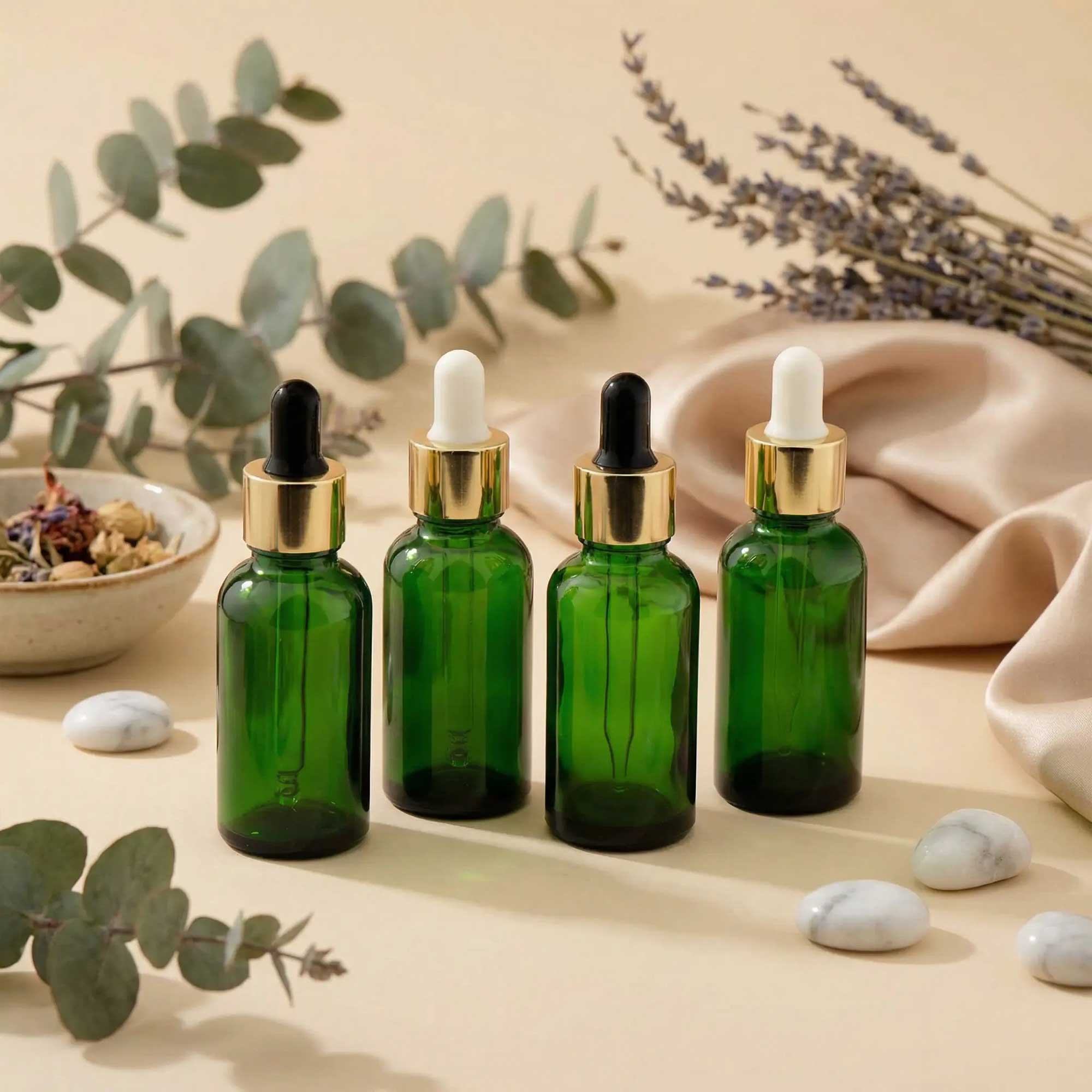 Staklena bočica 10-100ml, zelena, sa zlatnom lux pipetom - 411140/840 - 423100/200/400/500