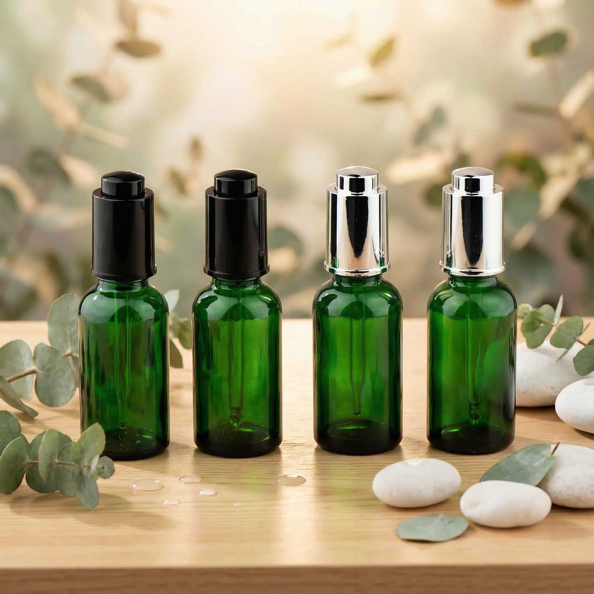 Staklena bočica 10-100ml, zelena, sa pipetom na dugme - 411140/840 - 423700/720
