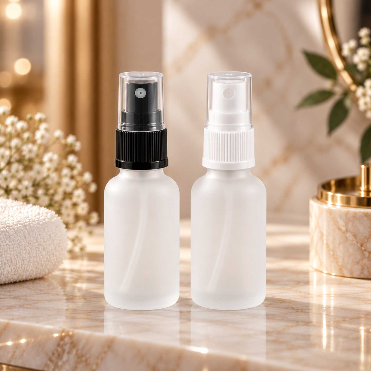 Staklena bočica 10-100ml, mat bela (frosted), sa sprej raspršivačem sa prstenom - 411150/850 - 424105/115