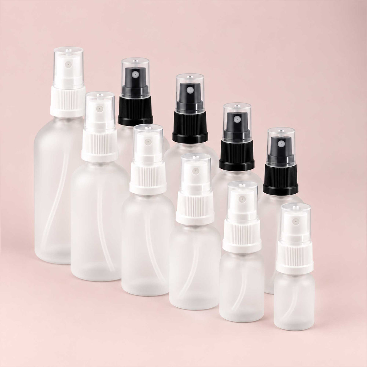 Staklena bočica 10-100ml, mat bela (frosted), sa sprej raspršivačem sa prstenom - 411150/850 - 424105/115
