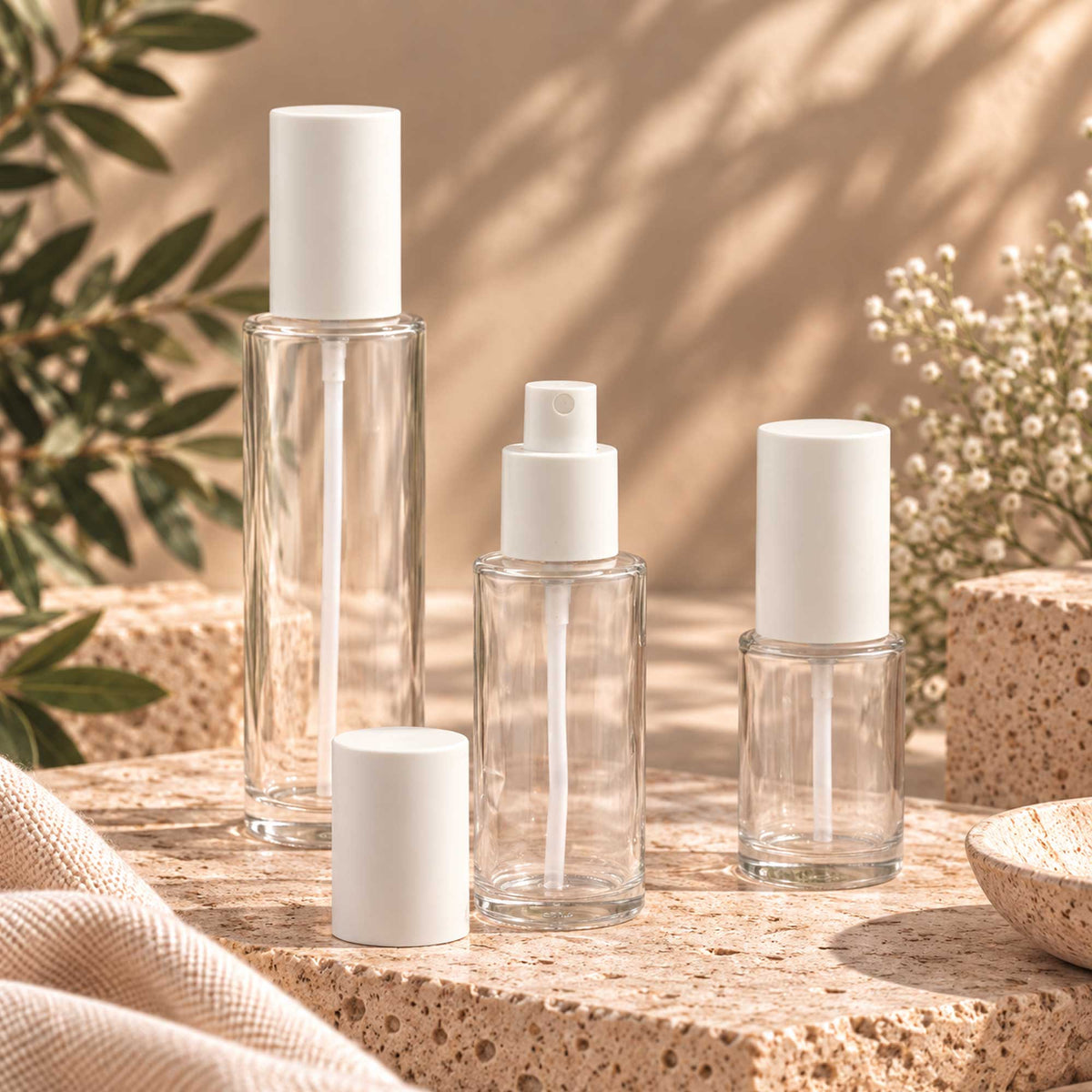 HERA staklena bočica 30-100ml, transparentna, sa belim aluminijumskim sprej raspršivačem - 428100/200/400 - 429910