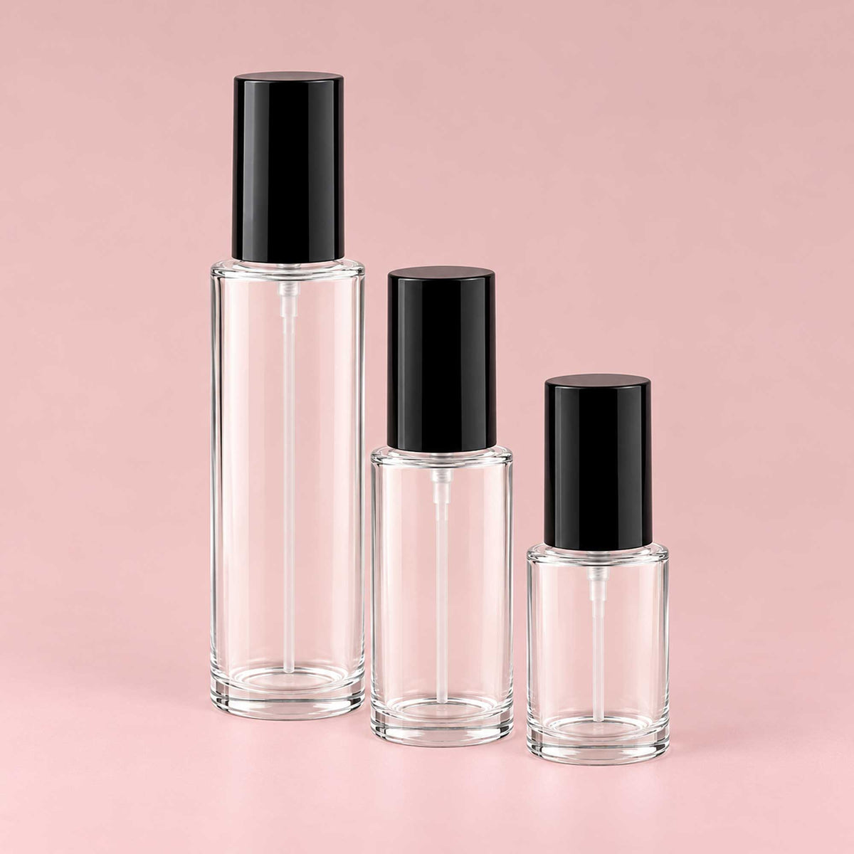 HERA staklena bočica 30-100ml, transparentna, sa crnim aluminijumskim sprej raspršivačem - 428100/200/400 - 429910