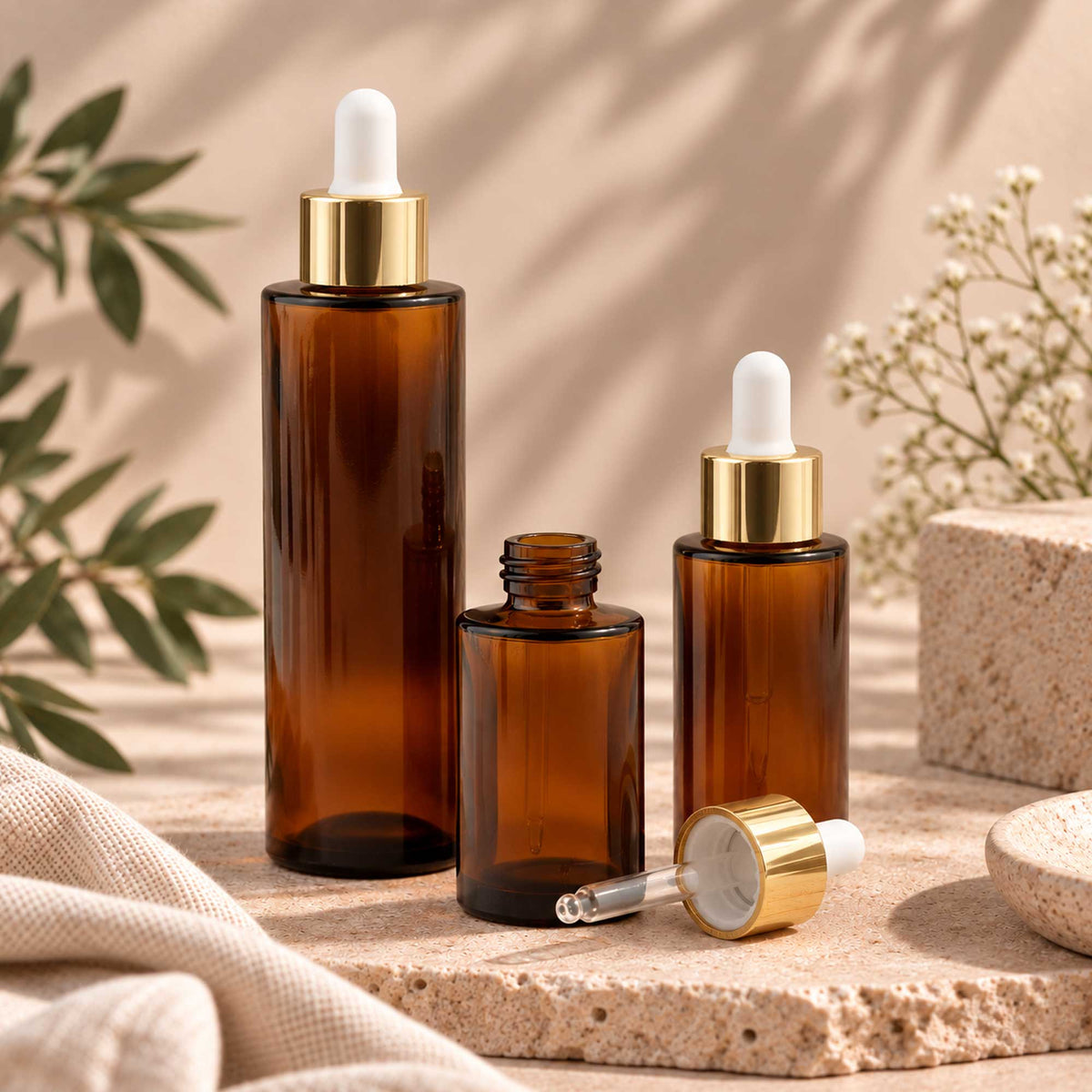 HERA staklena bočica 30-100ml, braon, sa zlatnom lux pipetom - 428110/210/410 - 429950/960