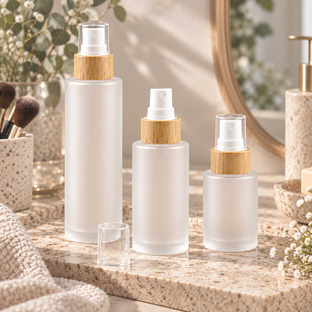 HERA staklena bočica 30-100ml, mat bela (frosted), sa sprej raspršivačem sa bambus prstenom - 428130/230/430 - 429920