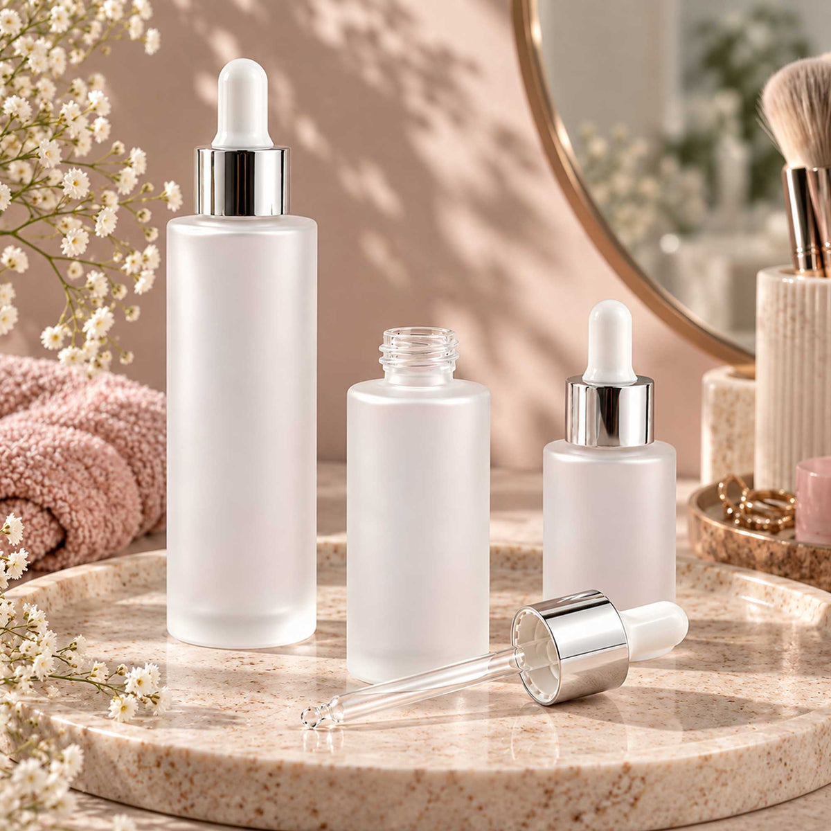 HERA staklena bočica 30-100ml, mat bela (frosted), sa srebrnom lux pipetom - 428130/230/430 - 429950/960
