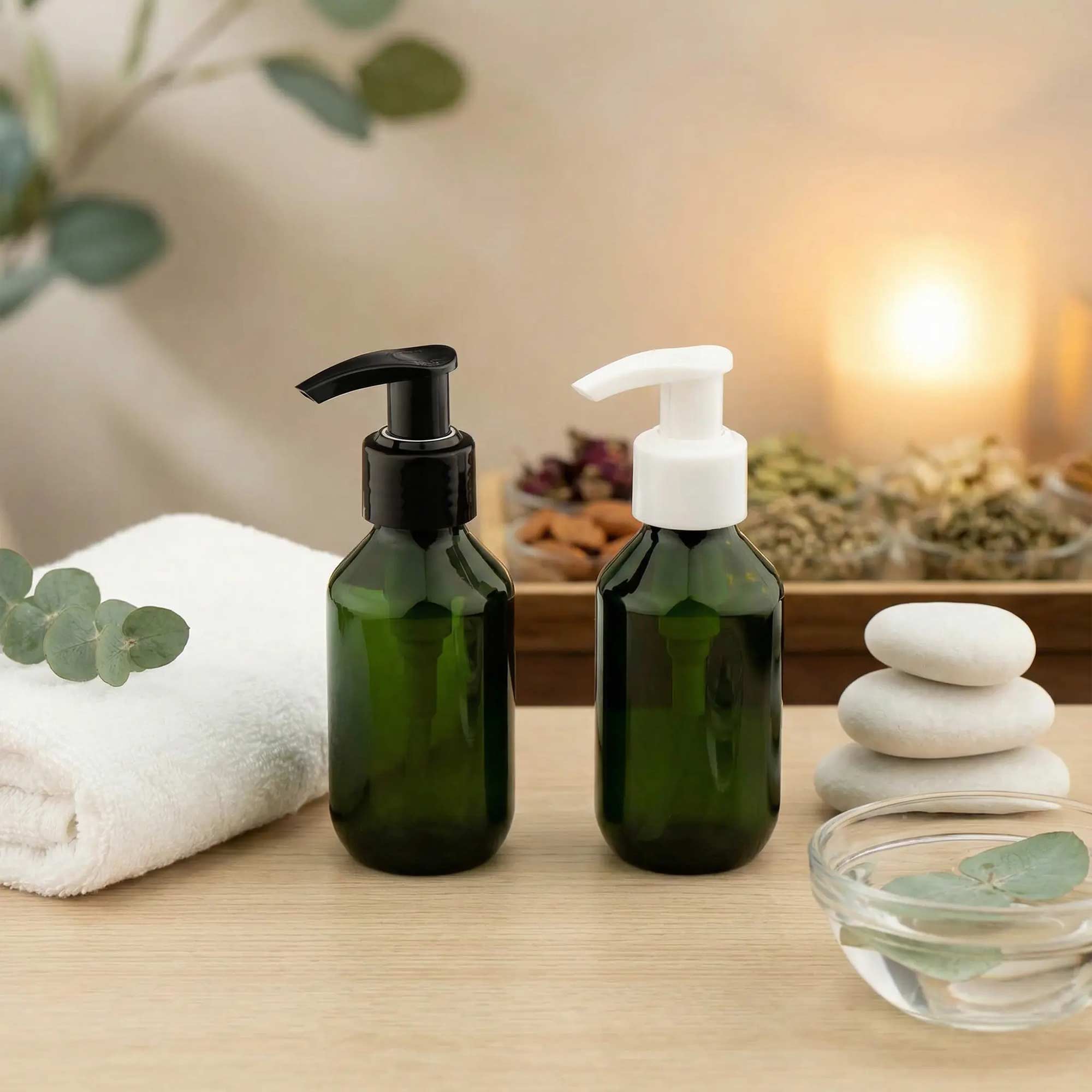 Zelena PET Boston boca 100 ml sa losion pumpicom u crnoj ili beloj boji. Idealna ambalaža za losione, kreme, tečne sapune i kozmetičke formulacije.