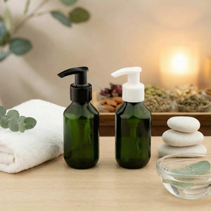 Zelena PET Boston boca 100 ml sa losion pumpicom u crnoj ili beloj boji. Idealna ambalaža za losione, kreme, tečne sapune i kozmetičke formulacije.