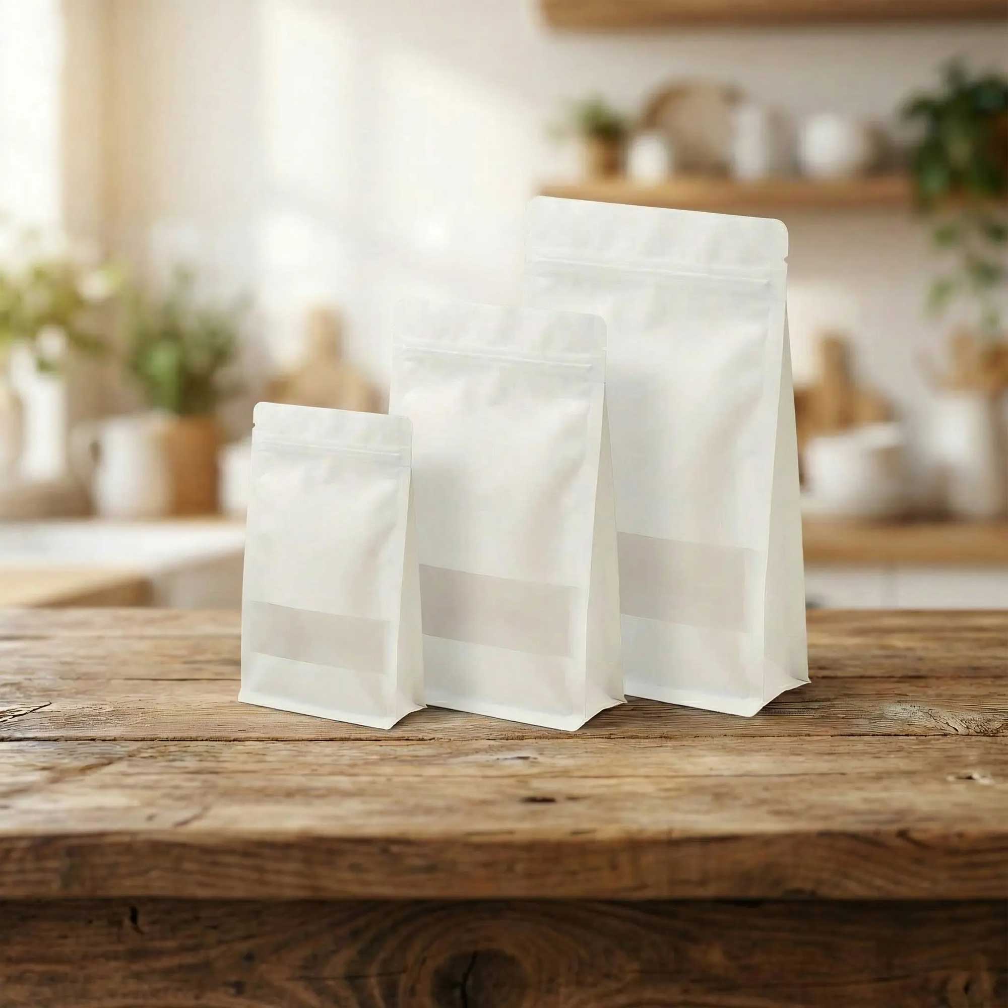 bela kraft doypack kesa sa ravnim dnom zip zatvaračem i prozorom