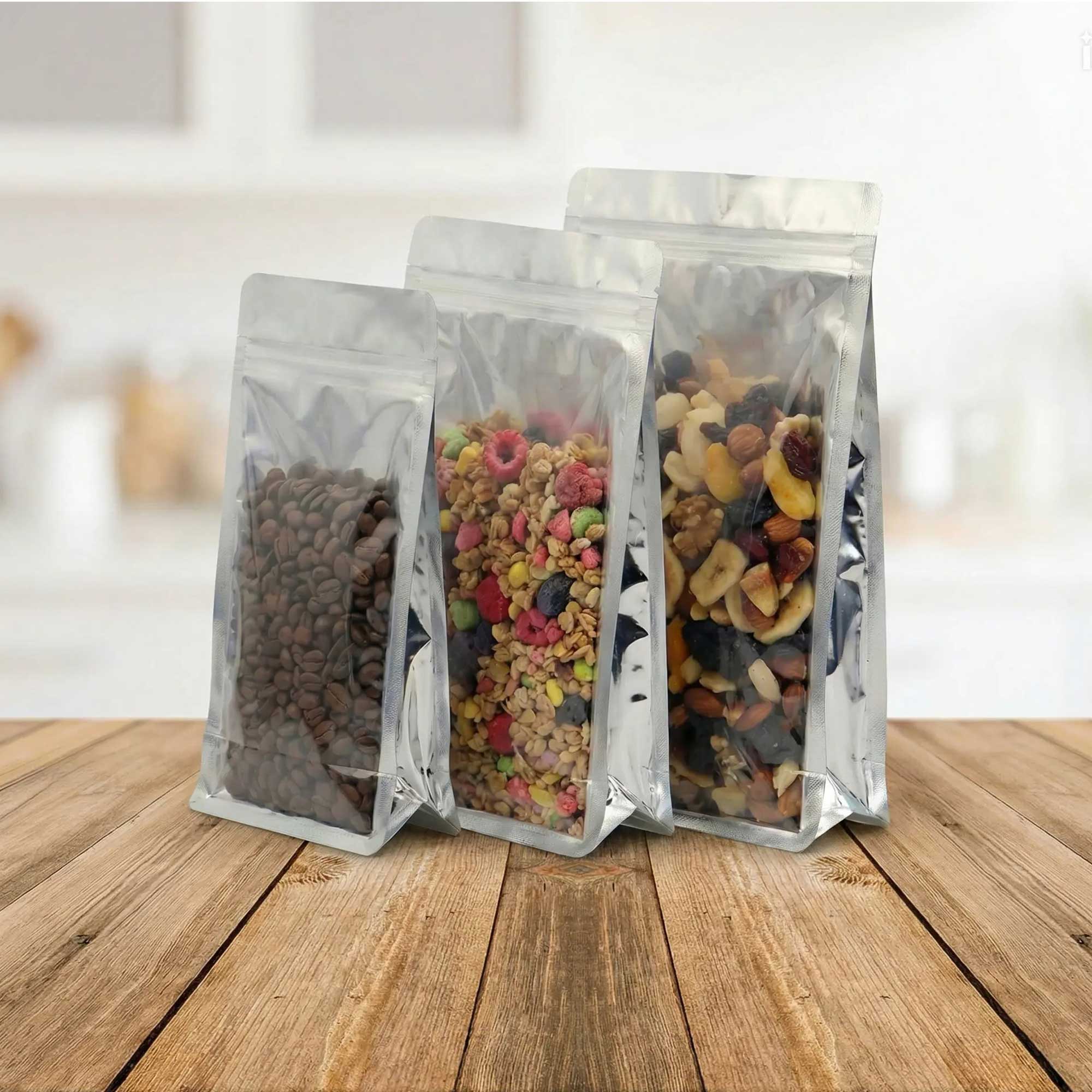 srebrna aluminijumska doypack kesica sa ravnim dnom zip zatvaračem i prozorom