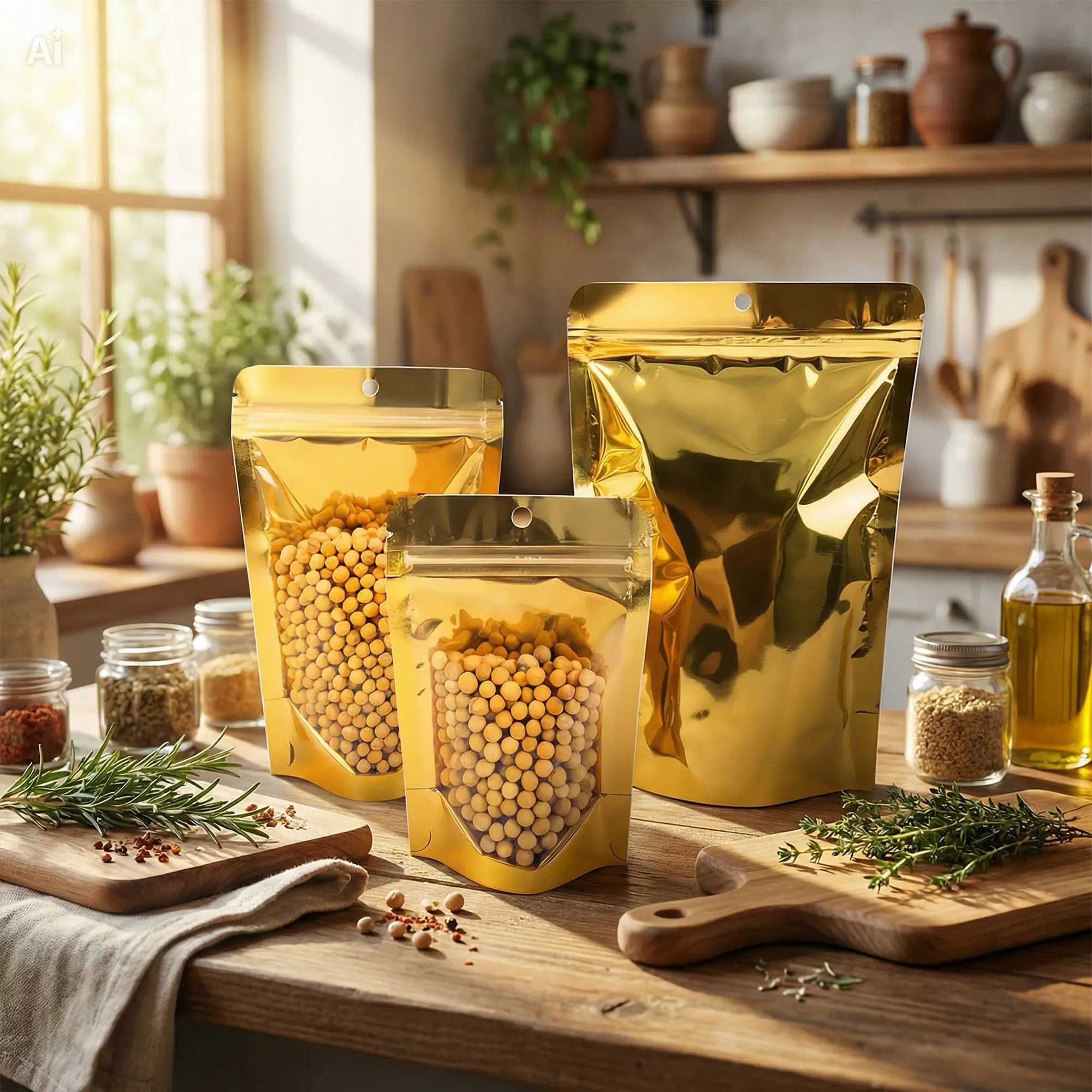 zlatna aluminijumska doypack kesica sa providnim frontom i zip zatvaračem ambalaža za kafu čaj