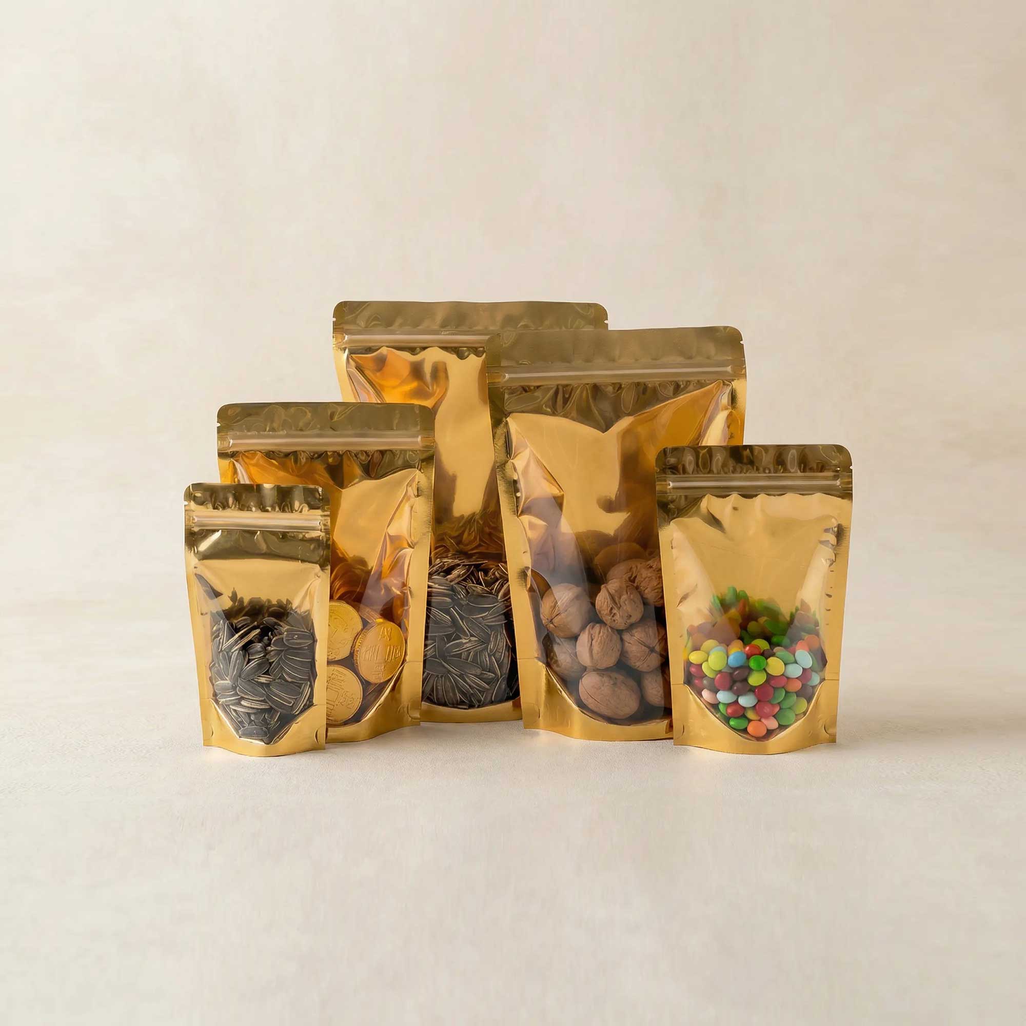 zlatna aluminijumska doypack kesica sa providnim frontom