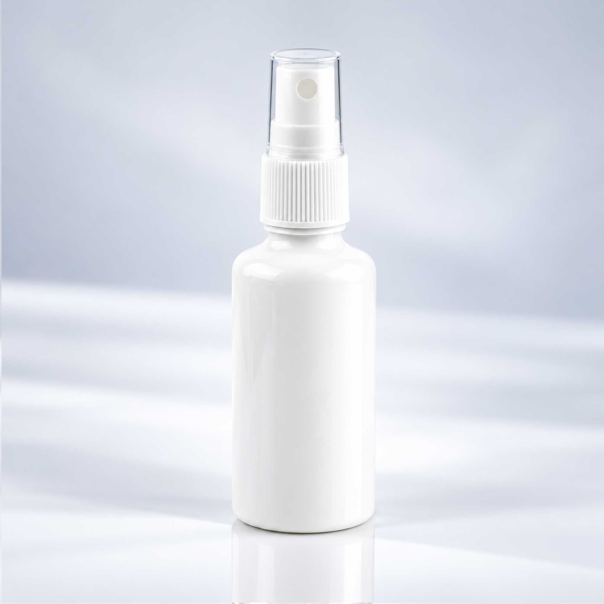 Bela PET bočica 50 ml sa belim sprej raspršivačem, grlo 18 mm - 413400 - 424100 | Bazika
