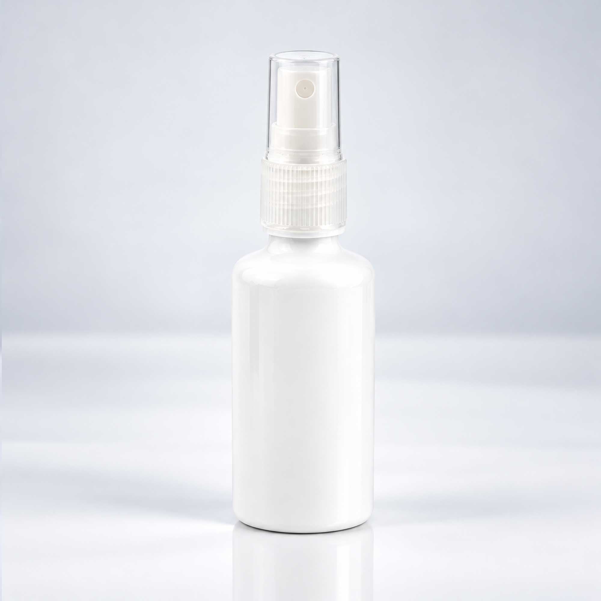 Bela PET bočica 50 ml sa transparentnim sprej raspršivačem, grlo 18 mm - 413400 - 424120 | Bazika