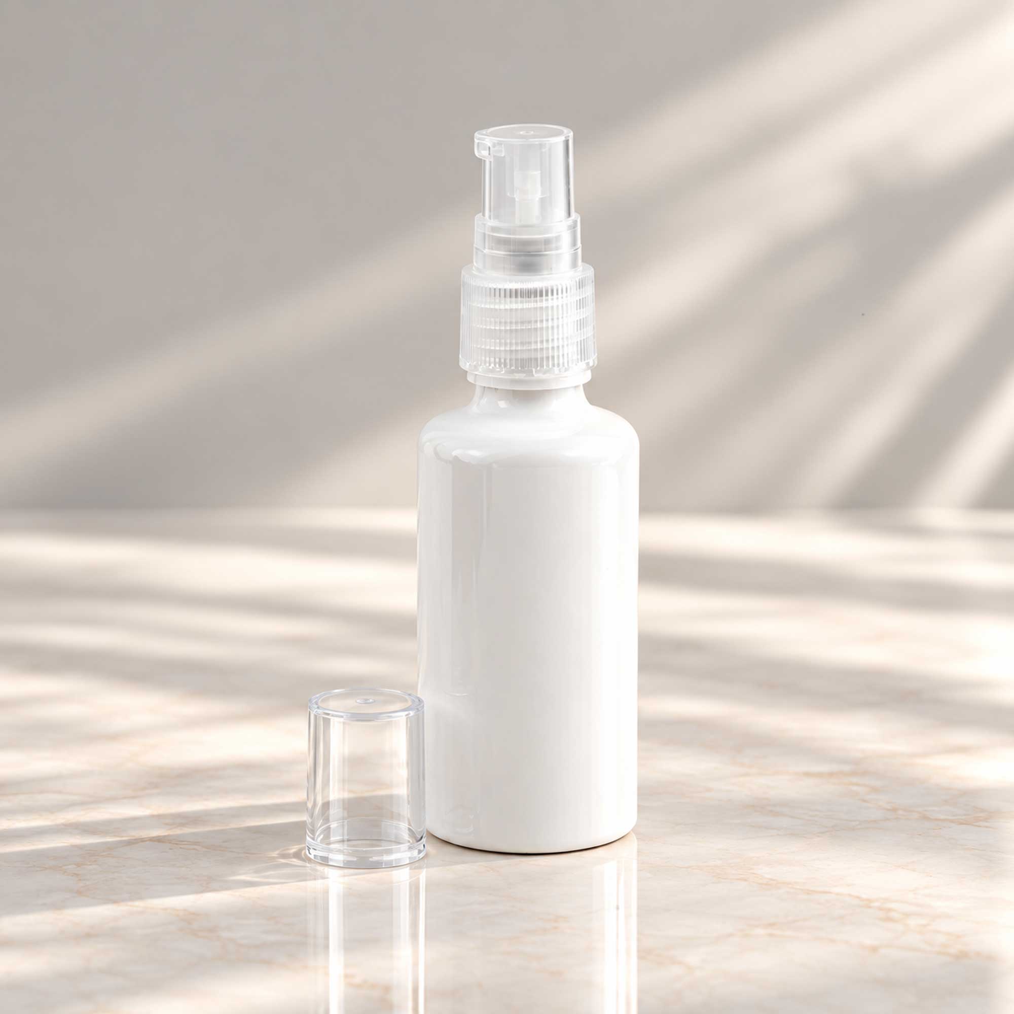 Bela PET bočica 50 ml sa transparentnom gel-serum pumpicom, grlo 18 mm - 413400 - 425120 | Bazika