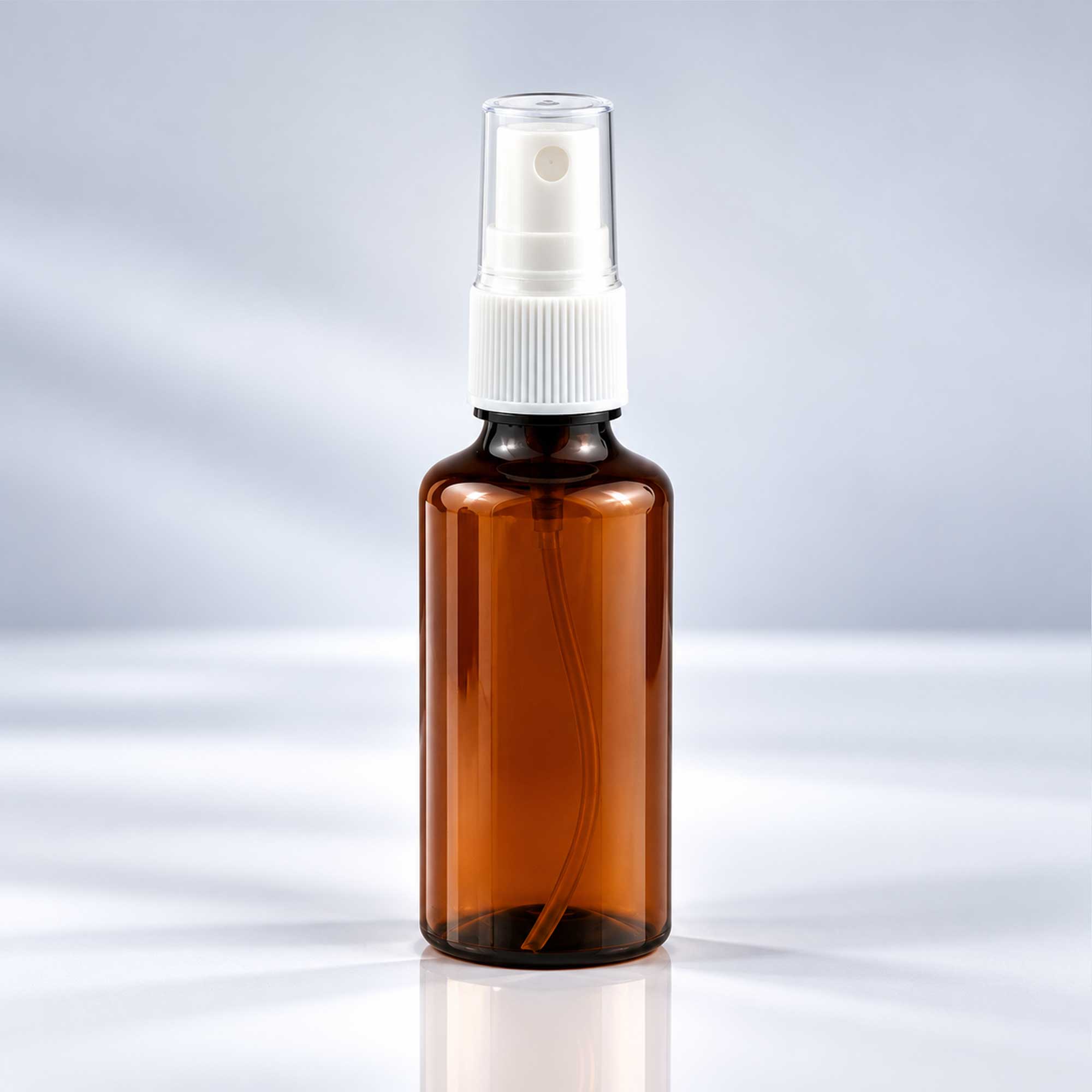 Braon PET bočica 50 ml sa belim sprej raspršivačem, grlo 18 mm - 413400 - 424100 | Bazika