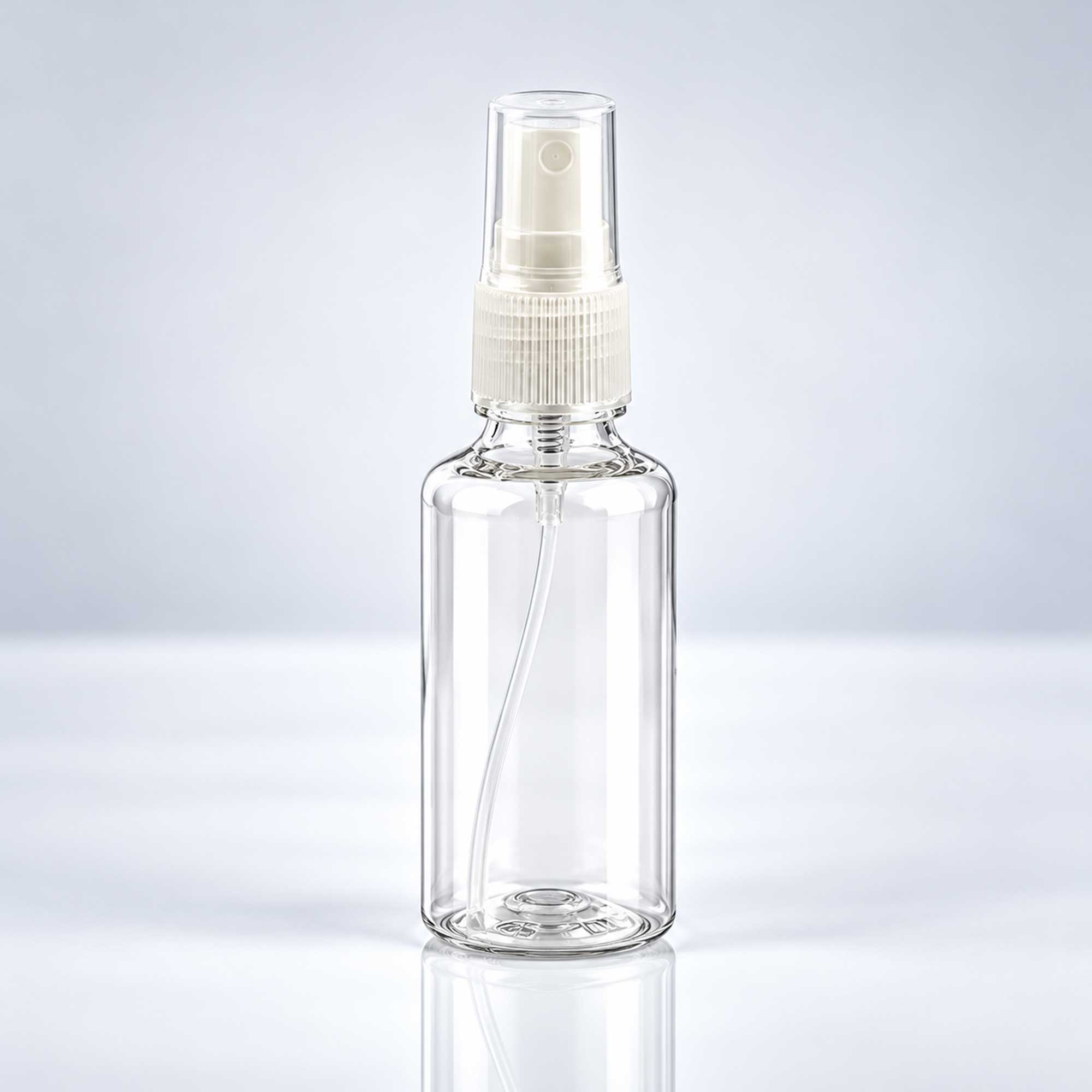 Transparentna PET bočica 50 ml sa transparentnim sprej raspršivačem, grlo 18 mm - 413400 - 424120 | Bazika