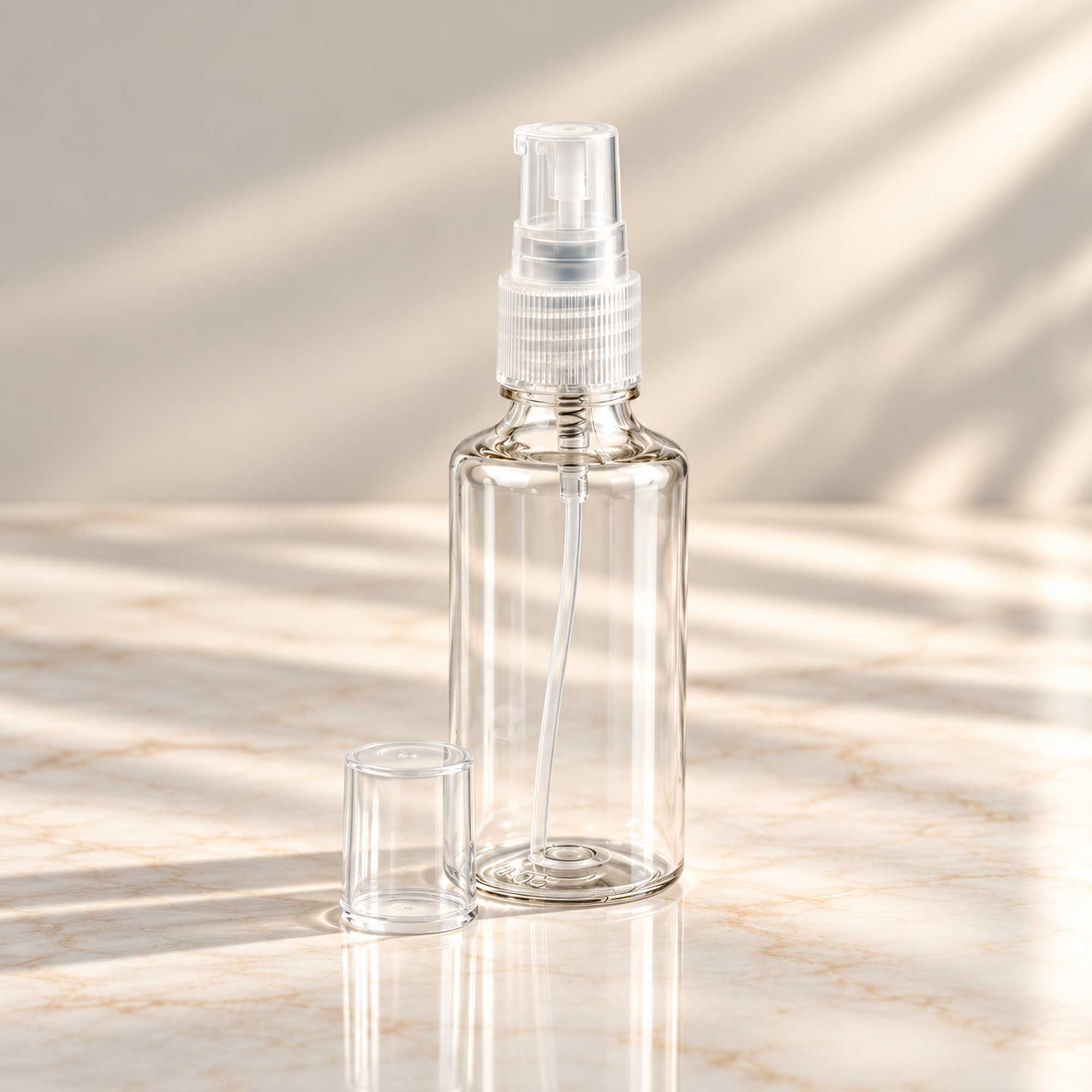Transparentna PET bočica 50 ml sa transparentnom gel-serum pumpicom, grlo 18 mm - 413400 - 425120 | Bazika