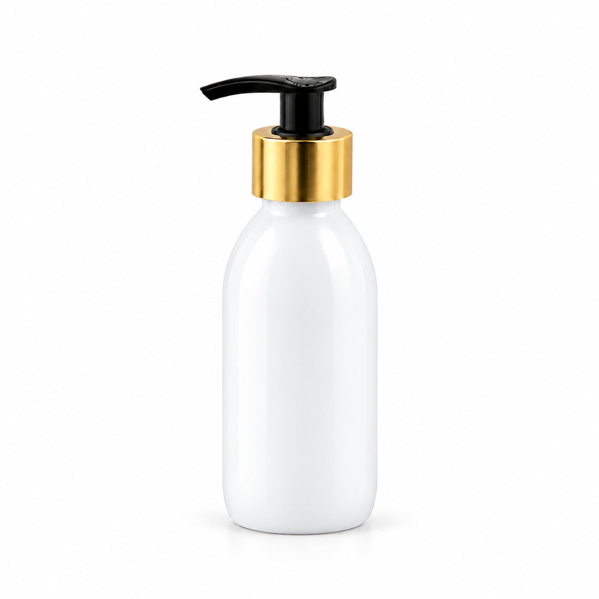 Bela PET boca za sirup sa crnom pumpicom dozatorom A 28/410, zlatni aluminijum prsten - 448565 | Bazika