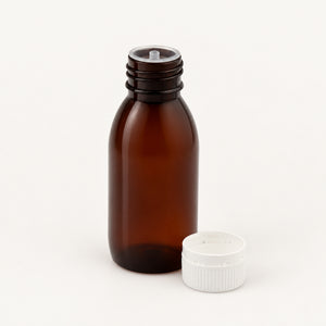 Braon PET boca za sirup 100 ml sa belim poklopcem i međučepom (otvorena) - 442300, 448110, 448120 | Bazika